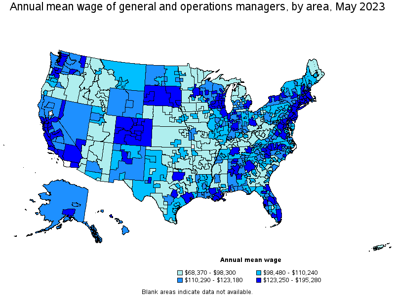 Map of annual mean wages of general and operations managers by area, May 2023