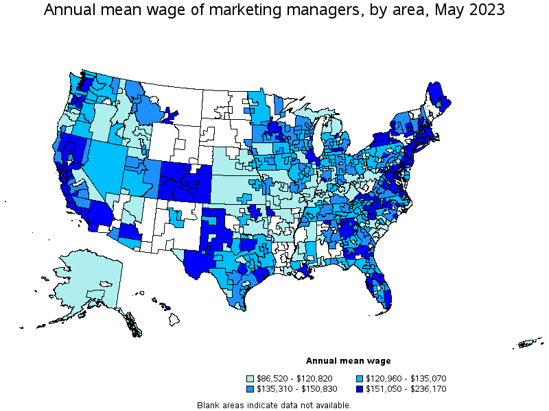 Map of annual mean wages of marketing managers by area, May 2023