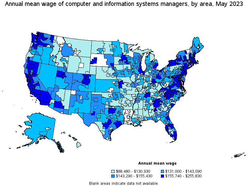 Map of annual mean wages of computer and information systems managers by area, May 2023