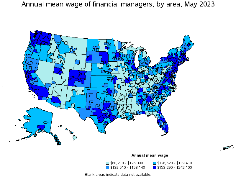 Map of annual mean wages of financial managers by area, May 2022