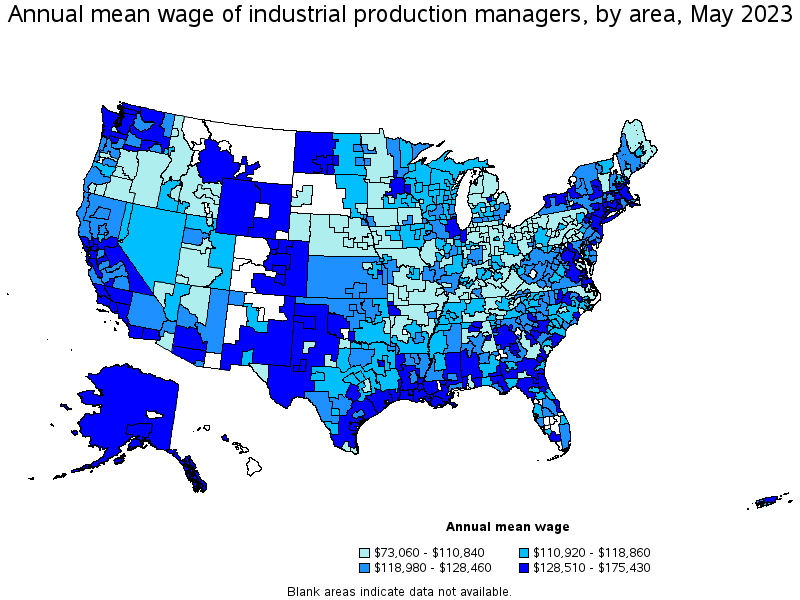 Map of annual mean wages of industrial production managers by area, May 2023