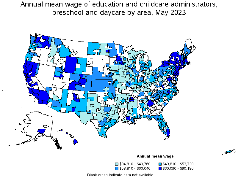 Map of annual mean wages of education and childcare administrators, preschool and daycare by area, May 2023
