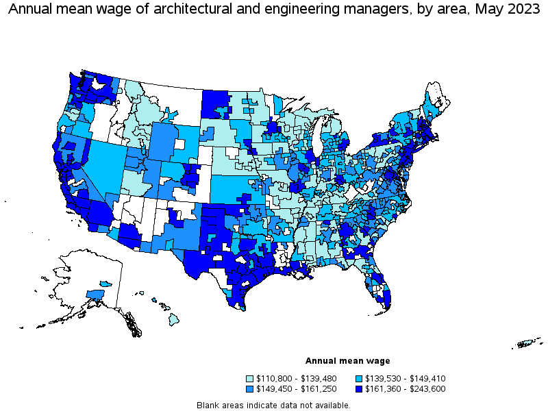 Map of annual mean wages of architectural and engineering managers by area, May 2022