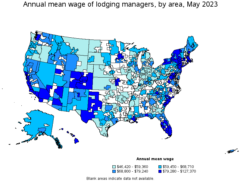 Map of annual mean wages of lodging managers by area, May 2023