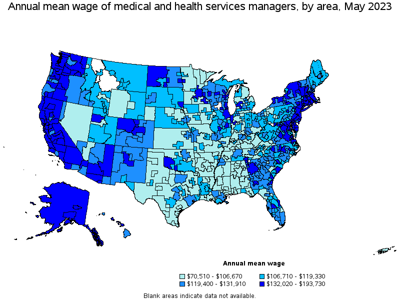 Map of annual mean wages of medical and health services managers by area, May 2022