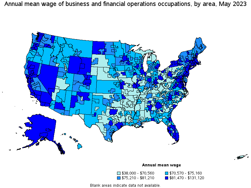 Map of annual mean wages of business and financial operations occupations by area, May 2023