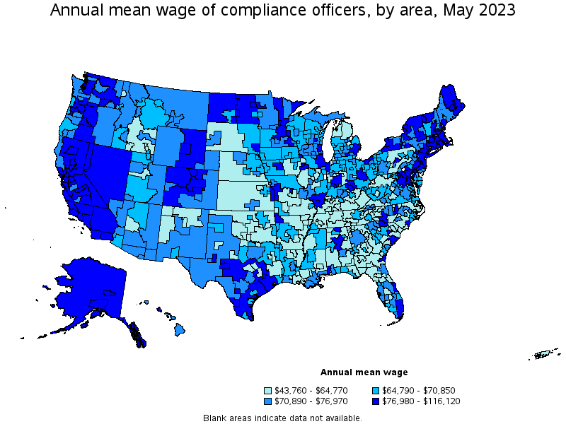 Map of annual mean wages of compliance officers by area, May 2022