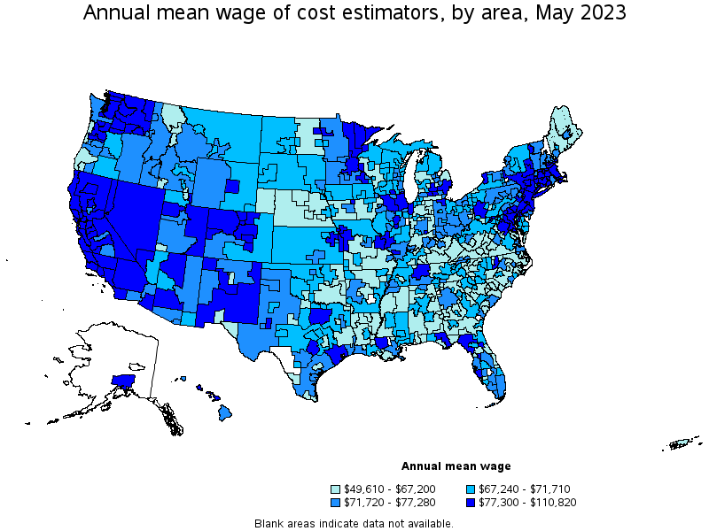 Map of annual mean wages of cost estimators by area, May 2023