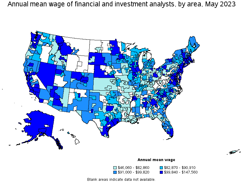 Map of annual mean wages of financial and investment analysts by area, May 2023