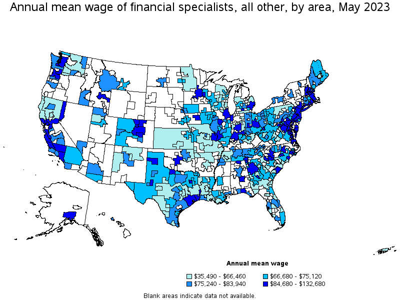 Map of annual mean wages of financial specialists, all other by area, May 2023