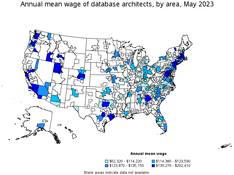 Map of annual mean wages of database architects by area, May 2023