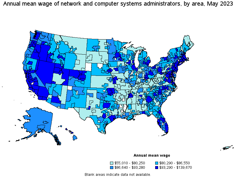 Map of annual mean wages of network and computer systems administrators by area, May 2023