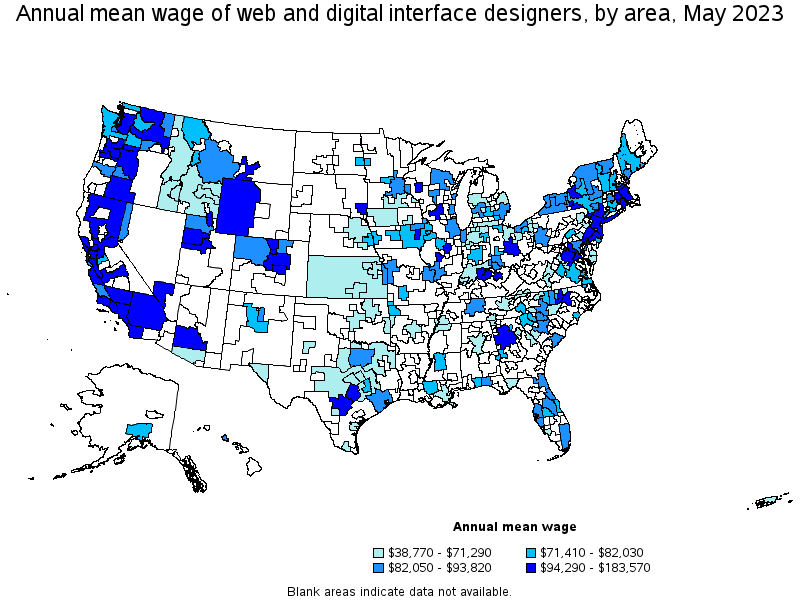 Map of annual mean wages of web and digital interface designers by area, May 2023