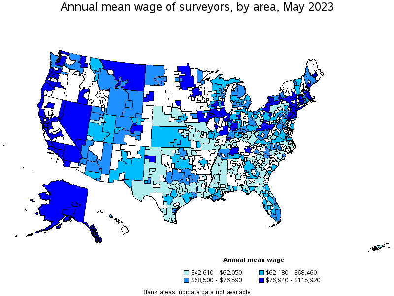 Map of annual mean wages of surveyors by area, May 2023