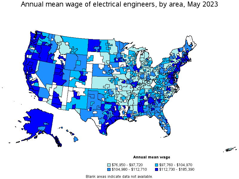 Map of annual mean wages of electrical engineers by area, May 2023