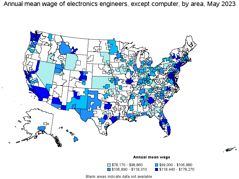 Map of annual mean wages of electronics engineers, except computer by area, May 2023