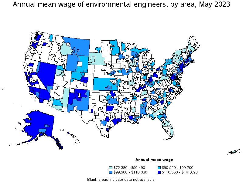 Map of annual mean wages of environmental engineers by area, May 2023