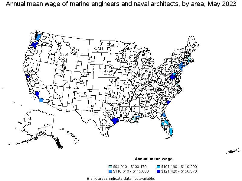 Map of annual mean wages of marine engineers and naval architects by area, May 2023