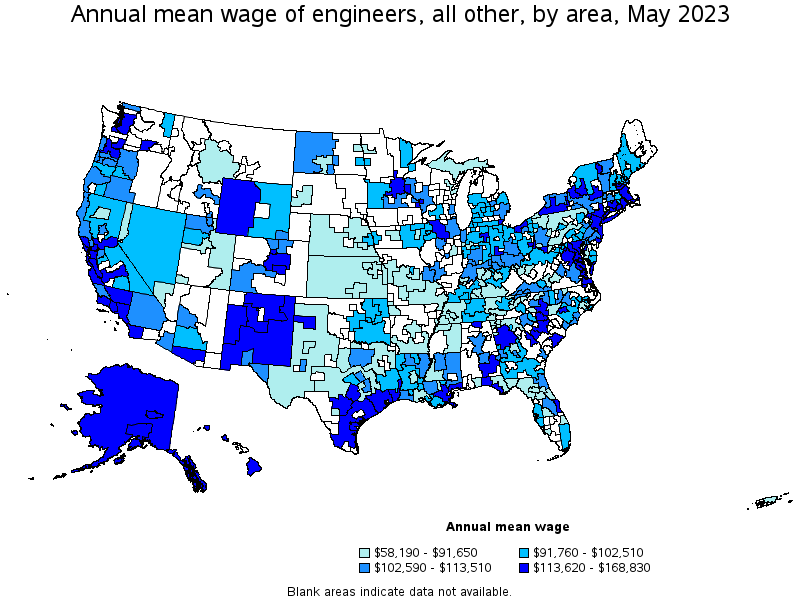 Map of annual mean wages of engineers, all other by area, May 2023
