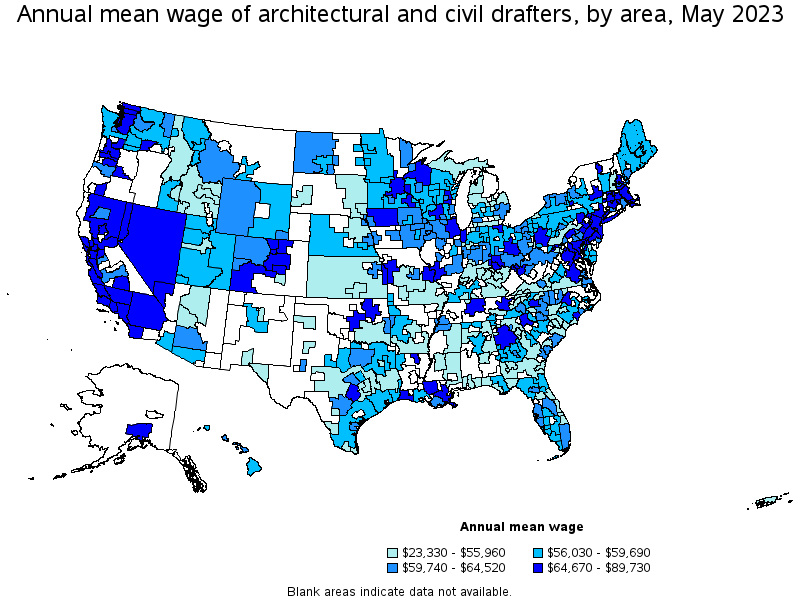 Map of annual mean wages of architectural and civil drafters by area, May 2022