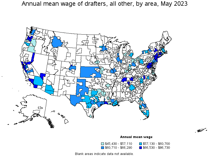 Map of annual mean wages of drafters, all other by area, May 2023