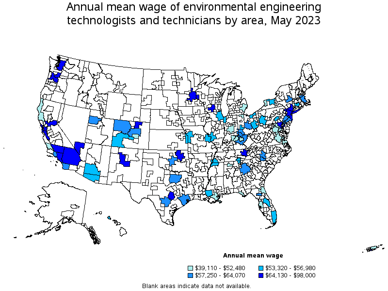 Map of annual mean wages of environmental engineering technologists and technicians by area, May 2023