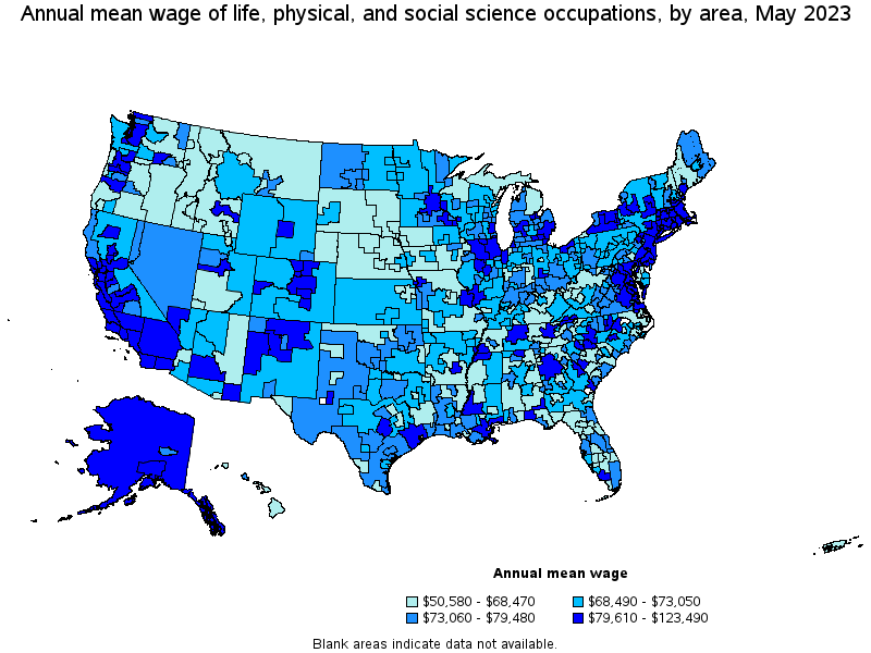 Map of annual mean wages of life, physical, and social science occupations by area, May 2023