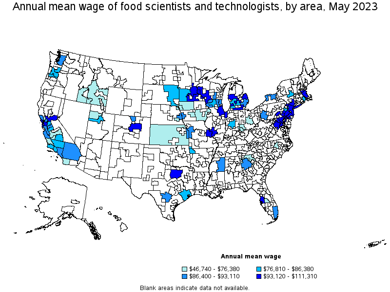 Map of annual mean wages of food scientists and technologists by area, May 2023