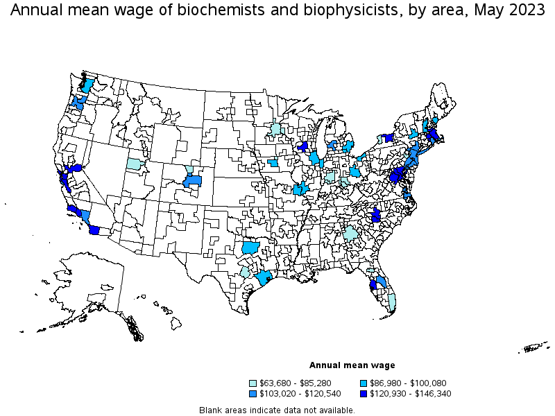Map of annual mean wages of biochemists and biophysicists by area, May 2023