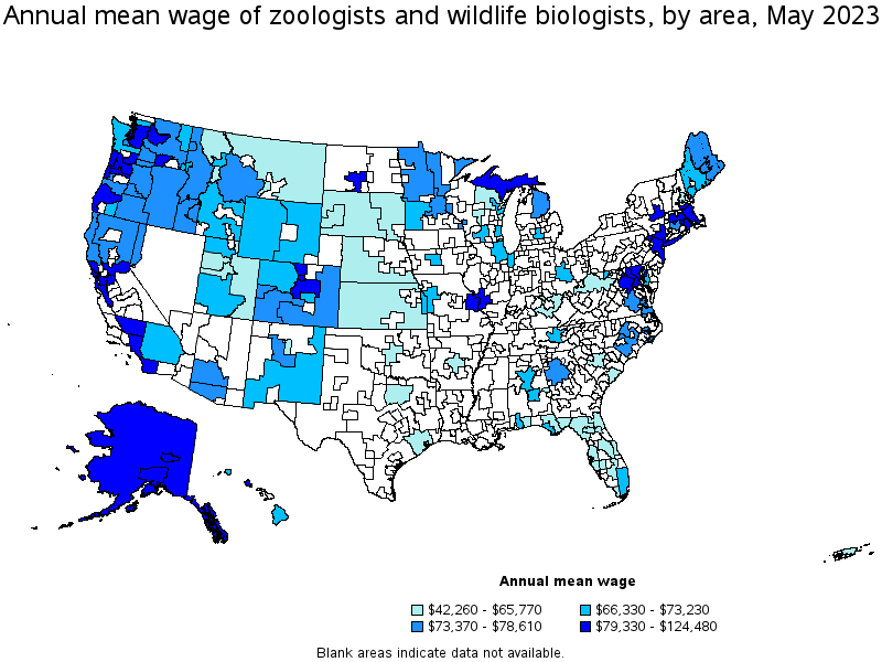 Map of annual mean wages of zoologists and wildlife biologists by area, May 2023