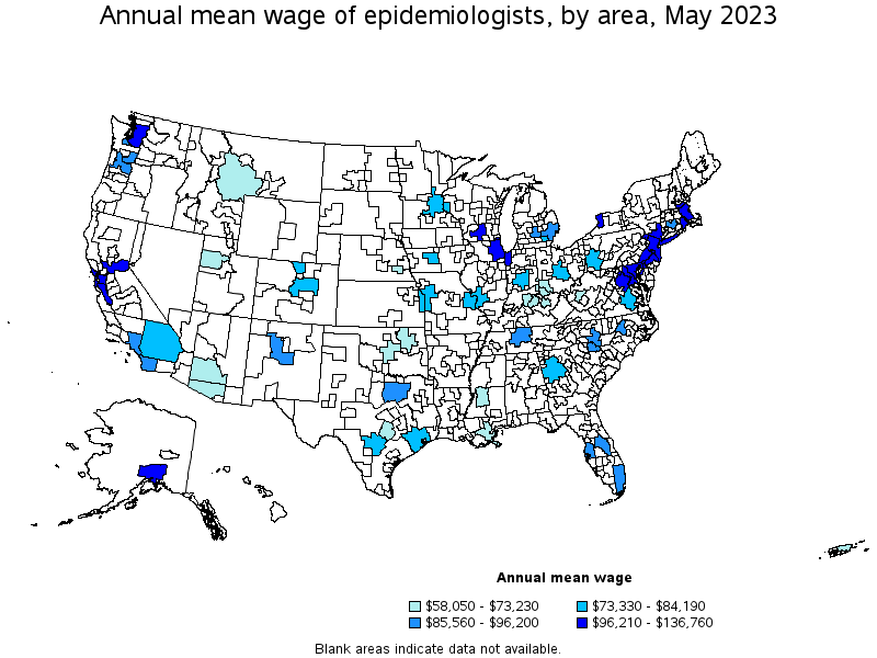 Map of annual mean wages of epidemiologists by area, May 2023
