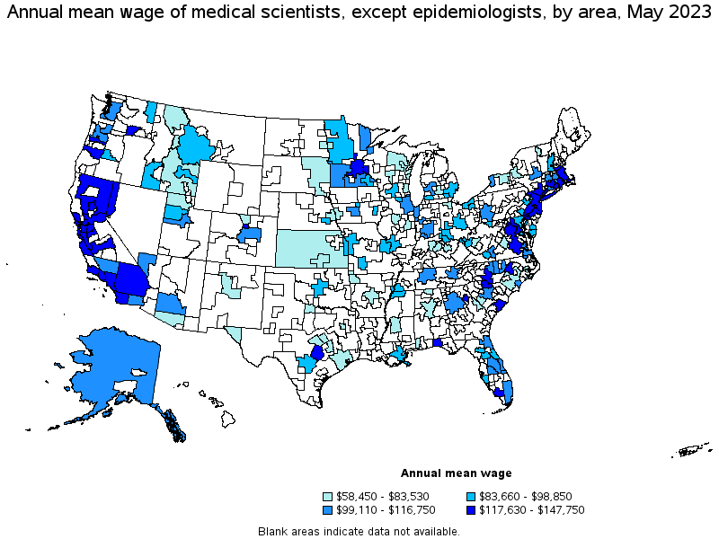Map of annual mean wages of medical scientists, except epidemiologists by area, May 2023