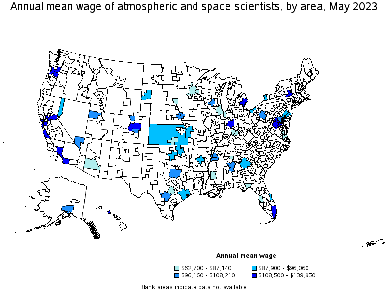 Map of annual mean wages of atmospheric and space scientists by area, May 2023