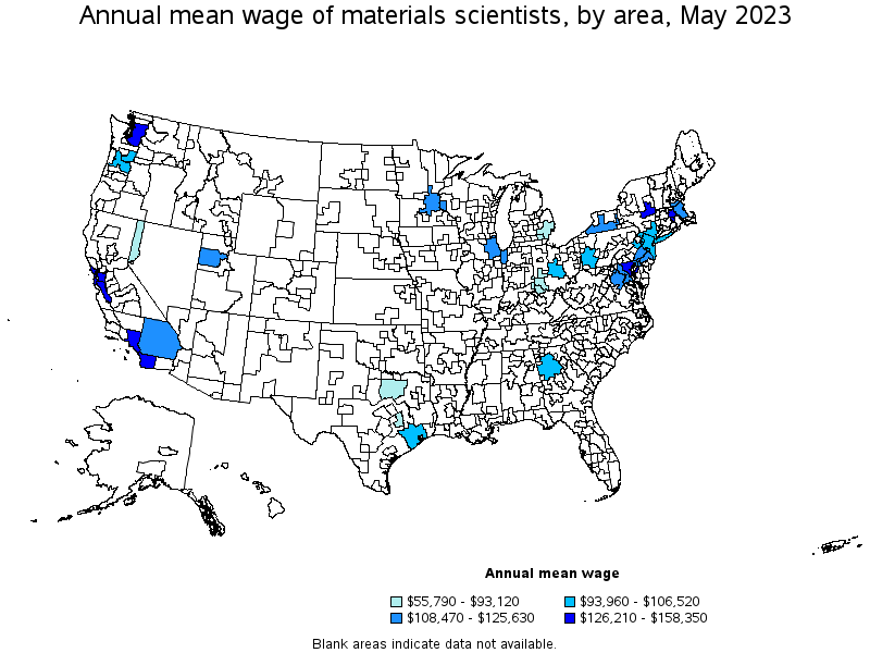 Map of annual mean wages of materials scientists by area, May 2023