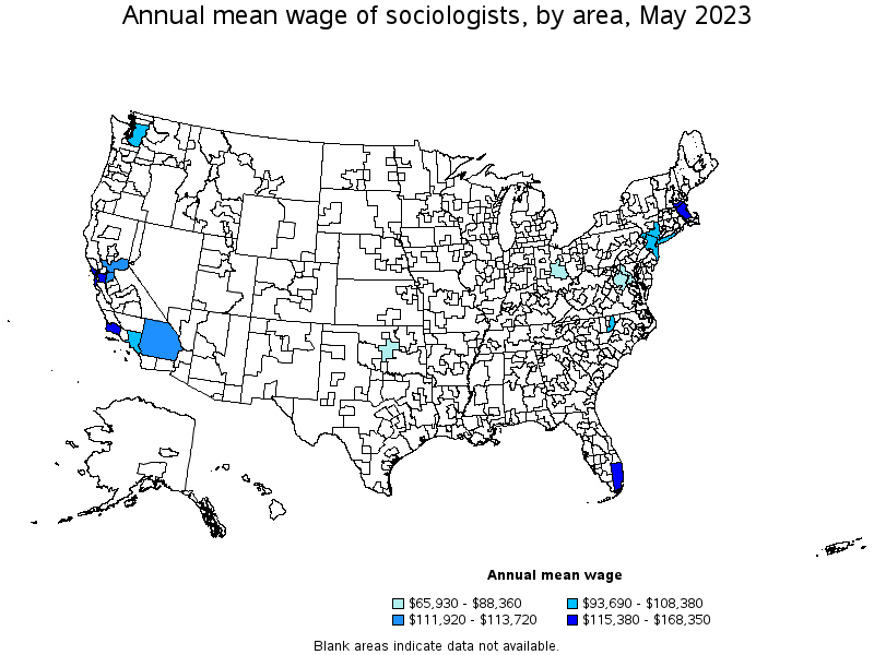 Map of annual mean wages of sociologists by area, May 2023