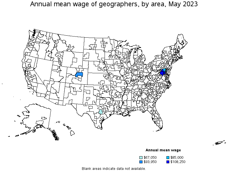 Map of annual mean wages of geographers by area, May 2023