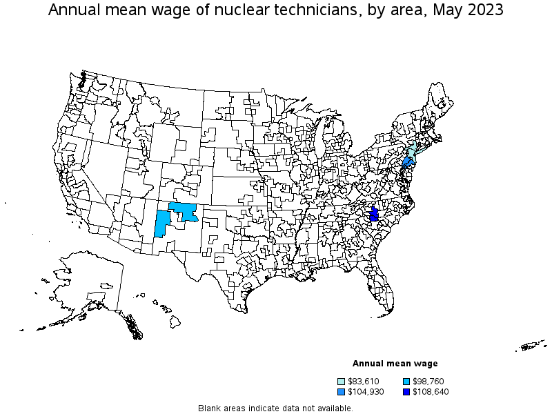 Map of annual mean wages of nuclear technicians by area, May 2023