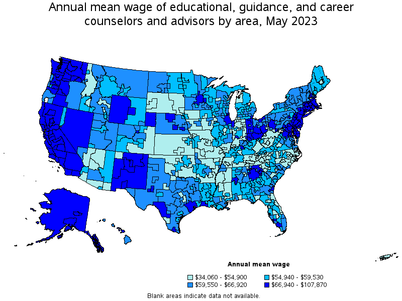Map of annual mean wages of educational, guidance, and career counselors and advisors by area, May 2023