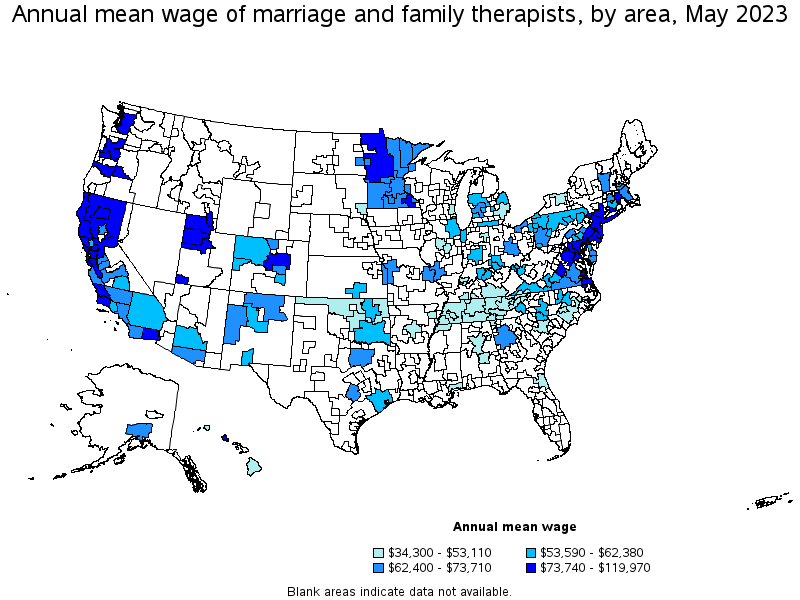 Map of annual mean wages of marriage and family therapists by area, May 2023