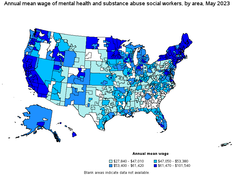 Map of annual mean wages of mental health and substance abuse social workers by area, May 2023