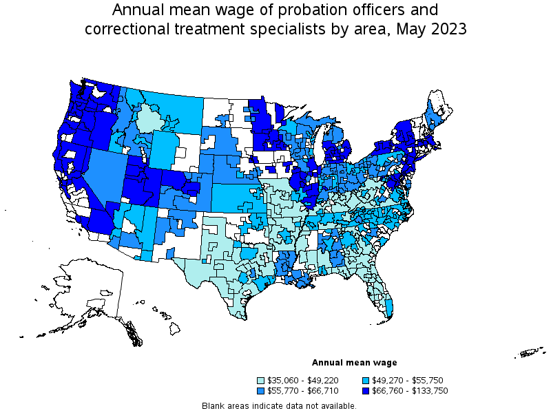 Map of annual mean wages of probation officers and correctional treatment specialists by area, May 2023