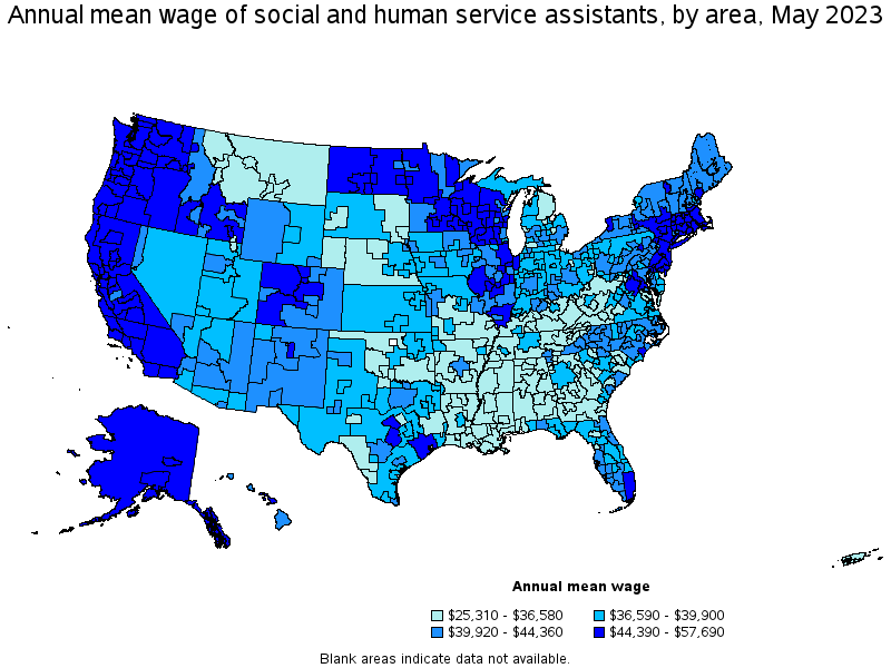 Map of annual mean wages of social and human service assistants by area, May 2023