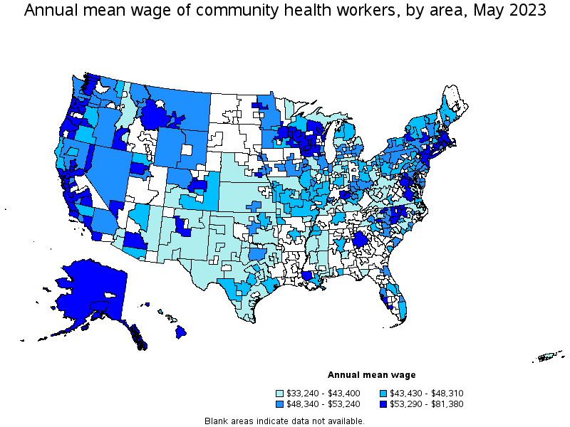 Map of annual mean wages of community health workers by area, May 2023