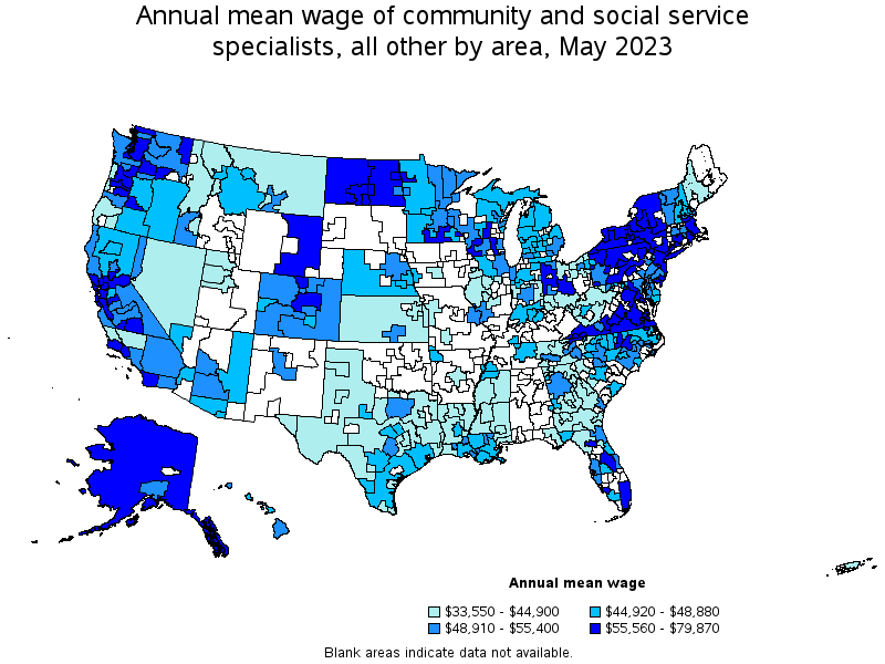 Map of annual mean wages of community and social service specialists, all other by area, May 2023