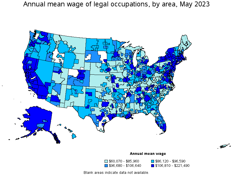 Map of annual mean wages of legal occupations by area, May 2023