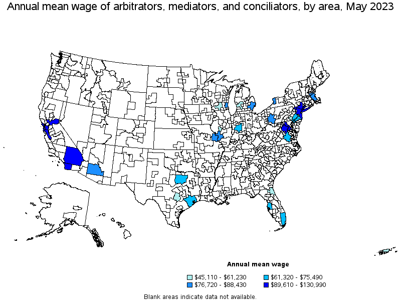 Map of annual mean wages of arbitrators, mediators, and conciliators by area, May 2023