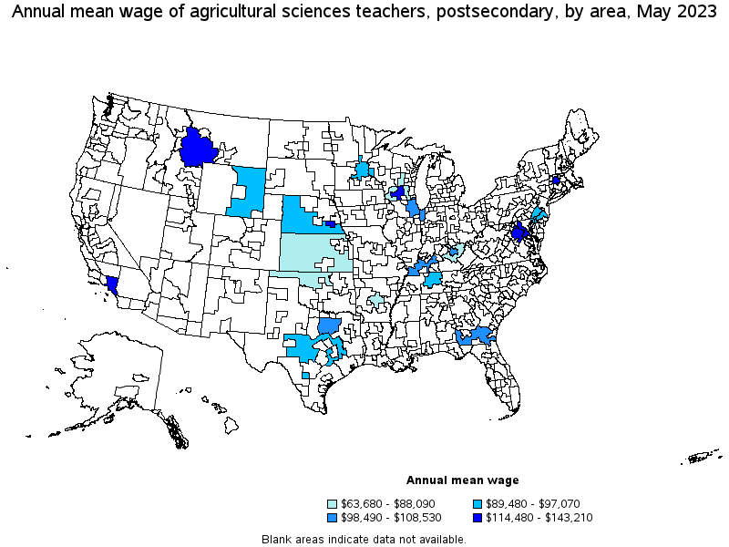 Map of annual mean wages of agricultural sciences teachers, postsecondary by area, May 2023