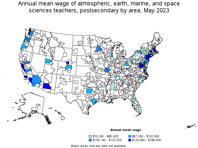 Map of annual mean wages of atmospheric, earth, marine, and space sciences teachers, postsecondary by area, May 2023