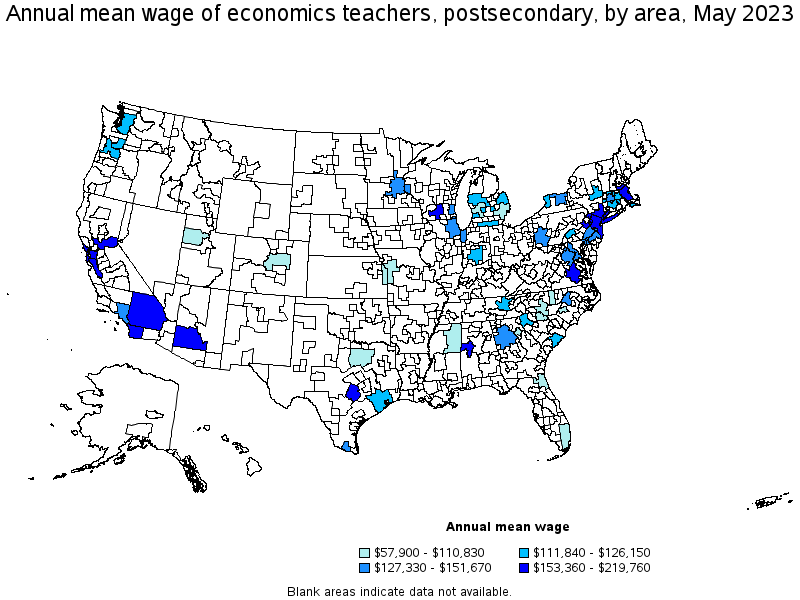 Map of annual mean wages of economics teachers, postsecondary by area, May 2023