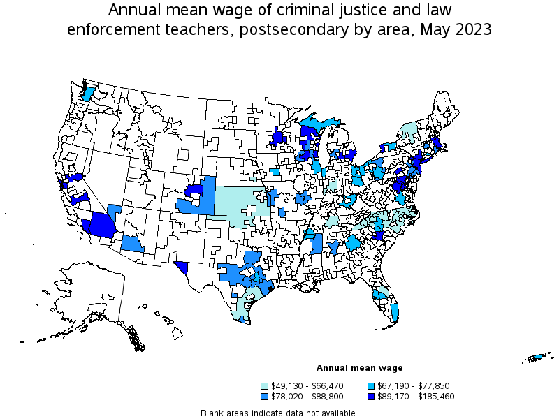 Map of annual mean wages of criminal justice and law enforcement teachers, postsecondary by area, May 2023